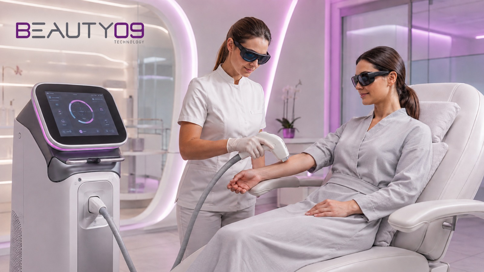 Trattamento di epilazione laser in sicurezza: operatrice e cliente con occhiali protettivi, Beauty09 Technology