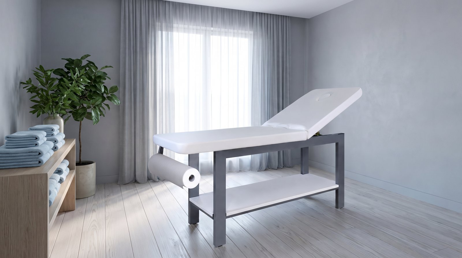 Lettino con telaio grigio in una cabina chiara dai toni freddi